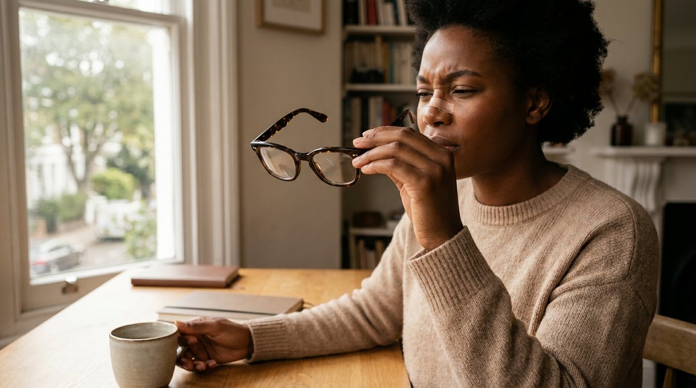 Woman holding her glasses away from her taped nose after ethnic rhinoplasty