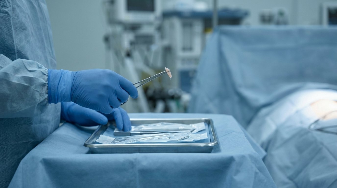 Surgeon's gloved hands holding a small cartilage graft with forceps during ethnic rhinoplasty