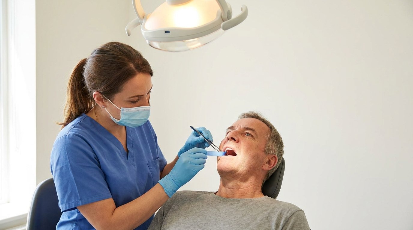 Dentist checking the bite of a new dental bridge with blue articulating paper