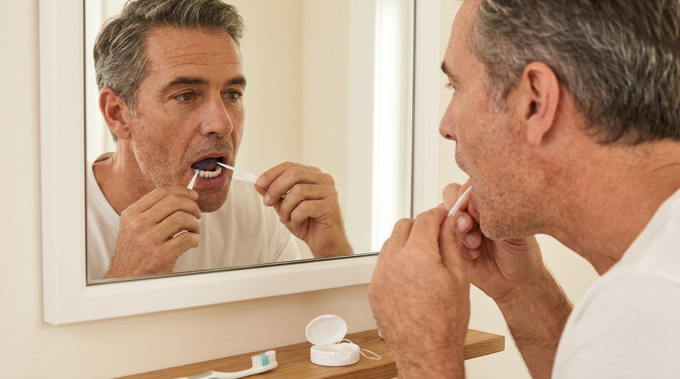 Man cleaning under his dental bridge with a floss threader at the bathroom mirror