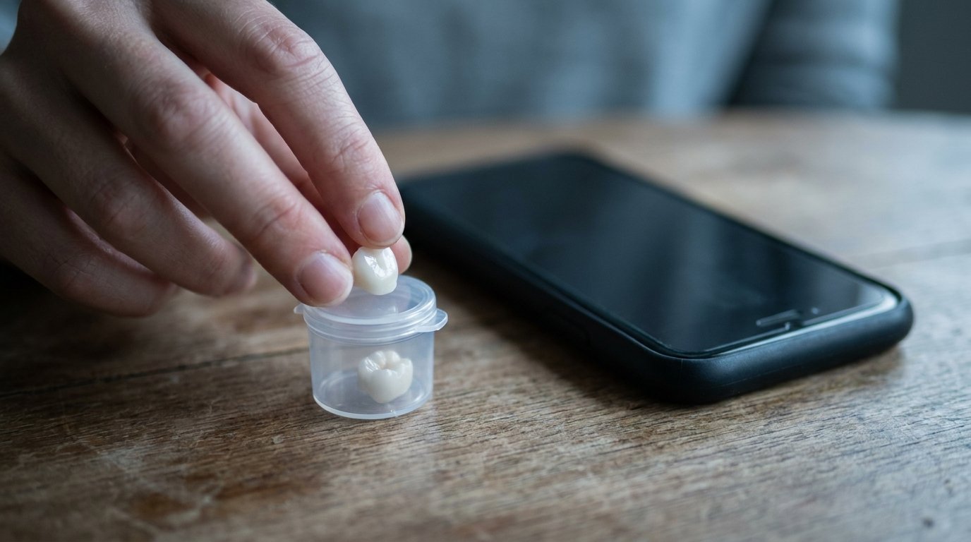 Fingertips placing a dislodged dental crown into a small container to keep it safe