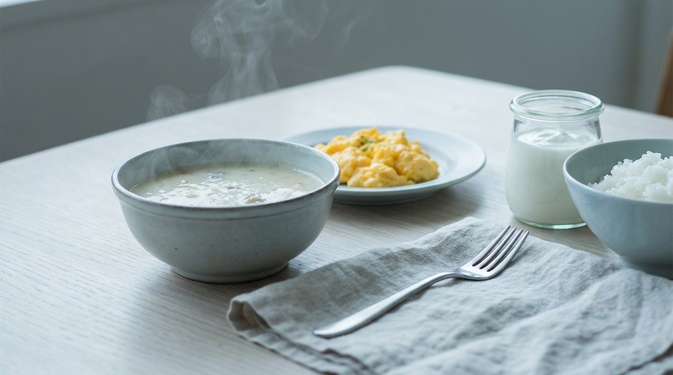 Soft foods laid out for the first days after a dental crown: soup, scrambled eggs, yogurt and rice