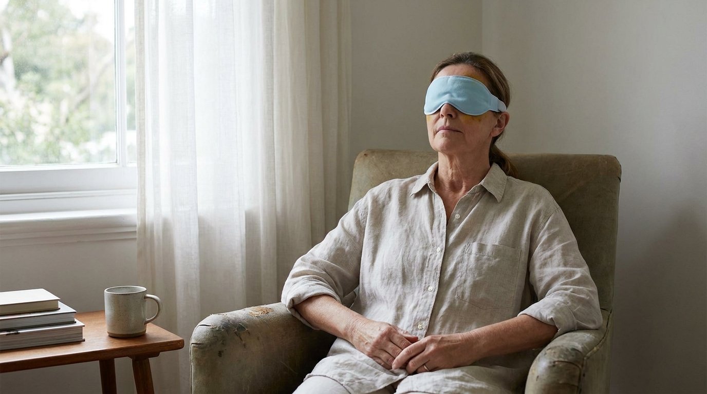 Woman resting upright with a cooling gel mask over her eyes after brow and eyelid surgery