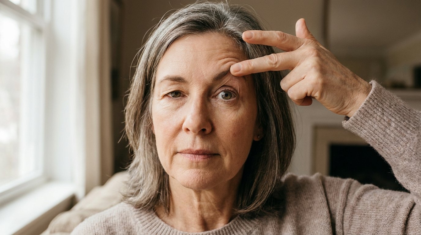 Woman lifting one eyebrow with her fingertips in the mirror to test if her brow causes the hooding