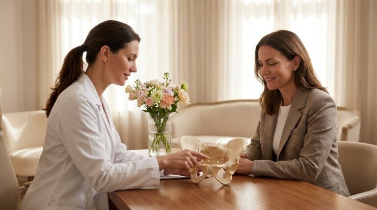 Female plastic surgeon explaining labiaplasty with an anatomical pelvis model during a private consultation