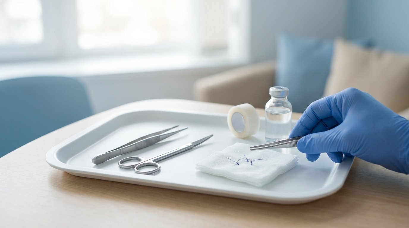 Suture-removal forceps and scissors on a white tray with gauze holding two removed stitches and skin tape.
