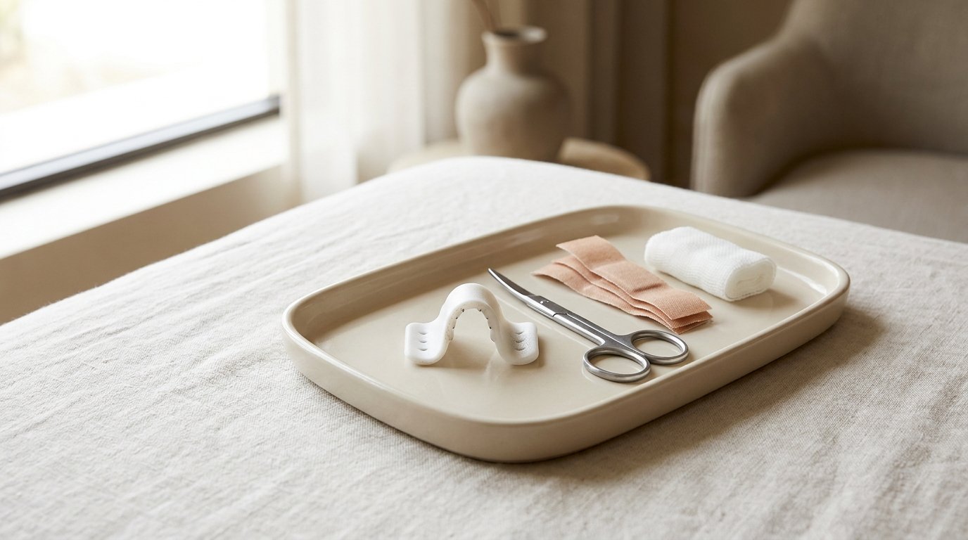Removed external nasal splint on a linen tray beside bandage scissors and folded surgical tape.