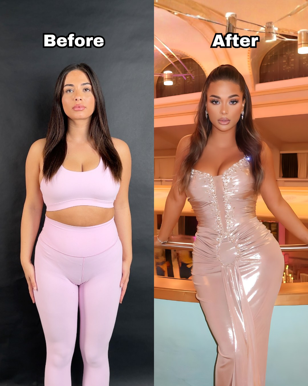 BBL patient before surgery and after, with a narrower waist and fuller buttocks