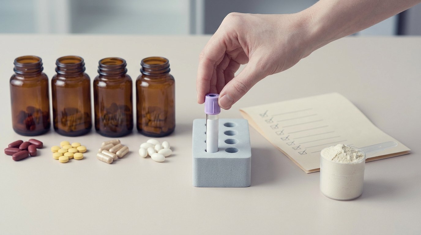 A flat-lay of unlabelled supplement bottles, grouped capsules, a protein scoop and a blood-test vial being placed in a rack by one hand.