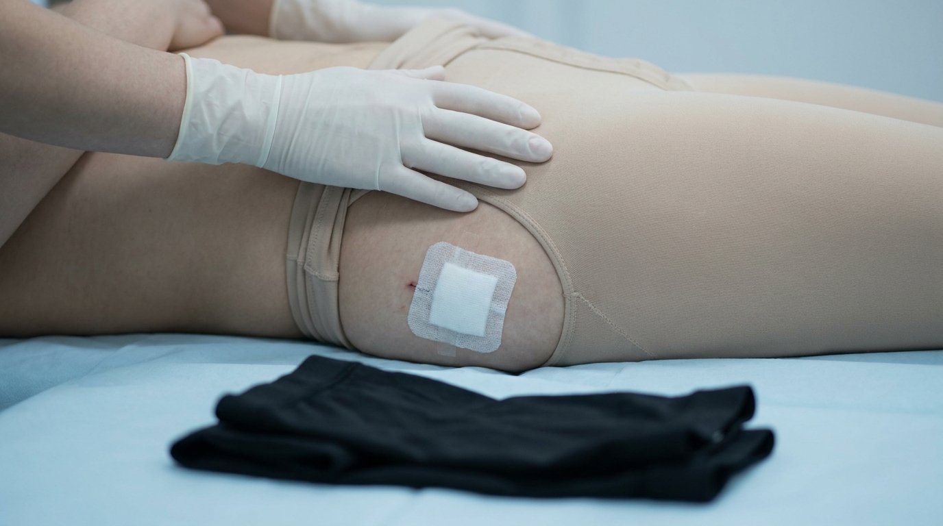 Hands smoothing a medical compression garment over a torso with a small taped gauze pad visible at the flank incision site.