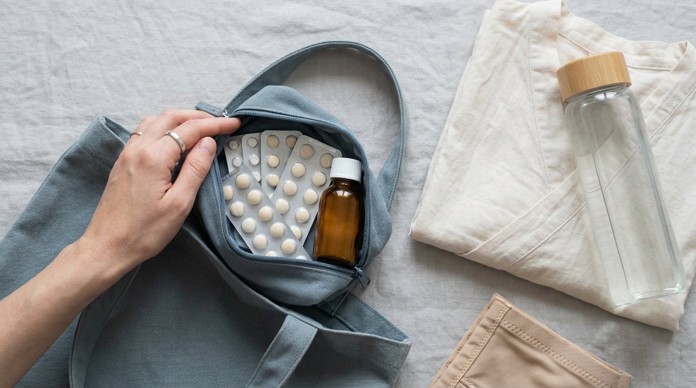 A flat-lay of hand luggage with plain medicine packs, a water bottle and loose clothes folded over a compression garment.