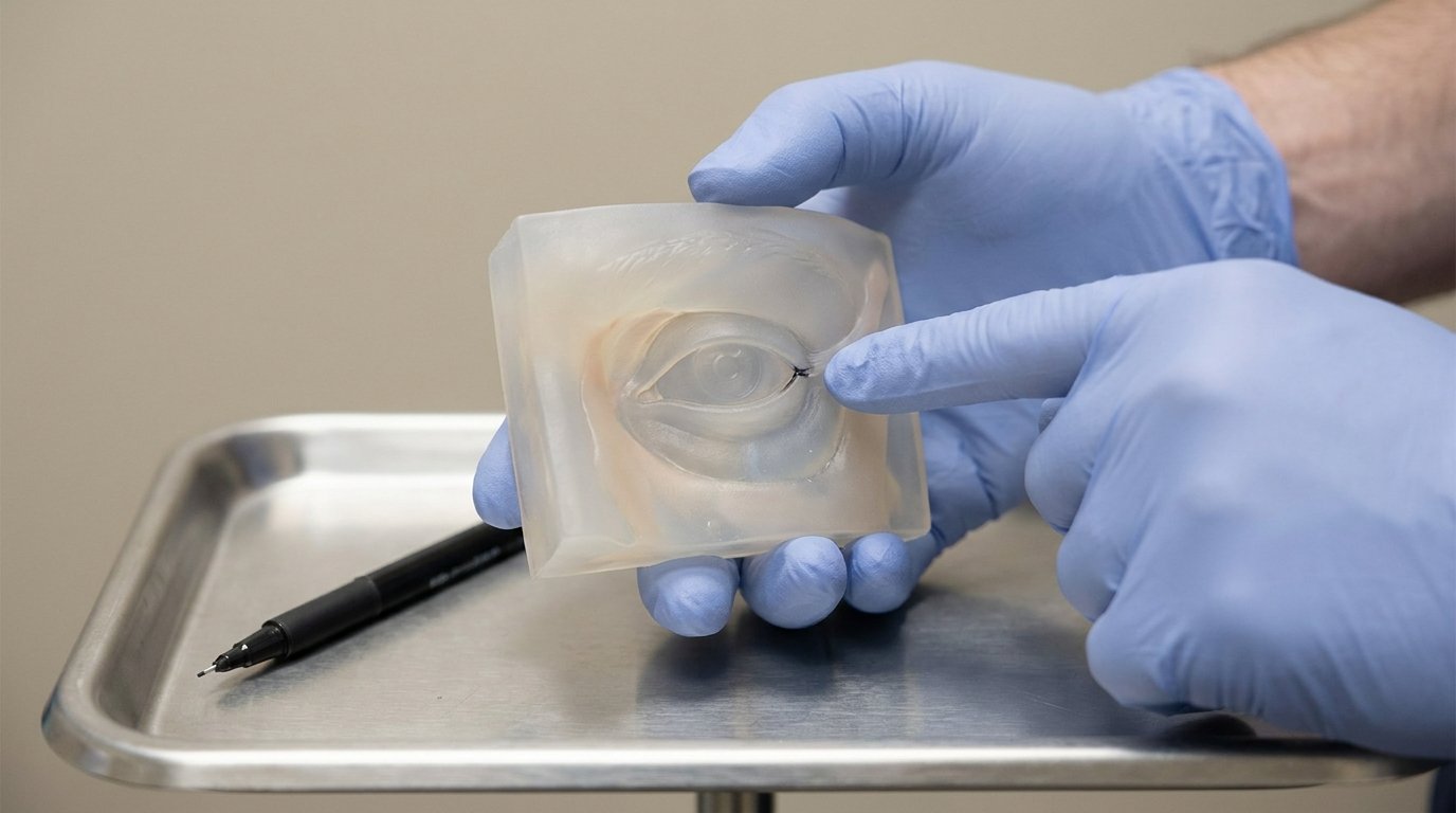 Gloved hands pointing to the outer corner of a silicone eye model, with a marker pen resting on a tray.
