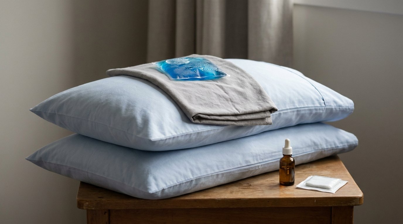 Two stacked pillows with a gel cold compress on top, next to a small bottle of eye drops and folded gauze on a plain surface.