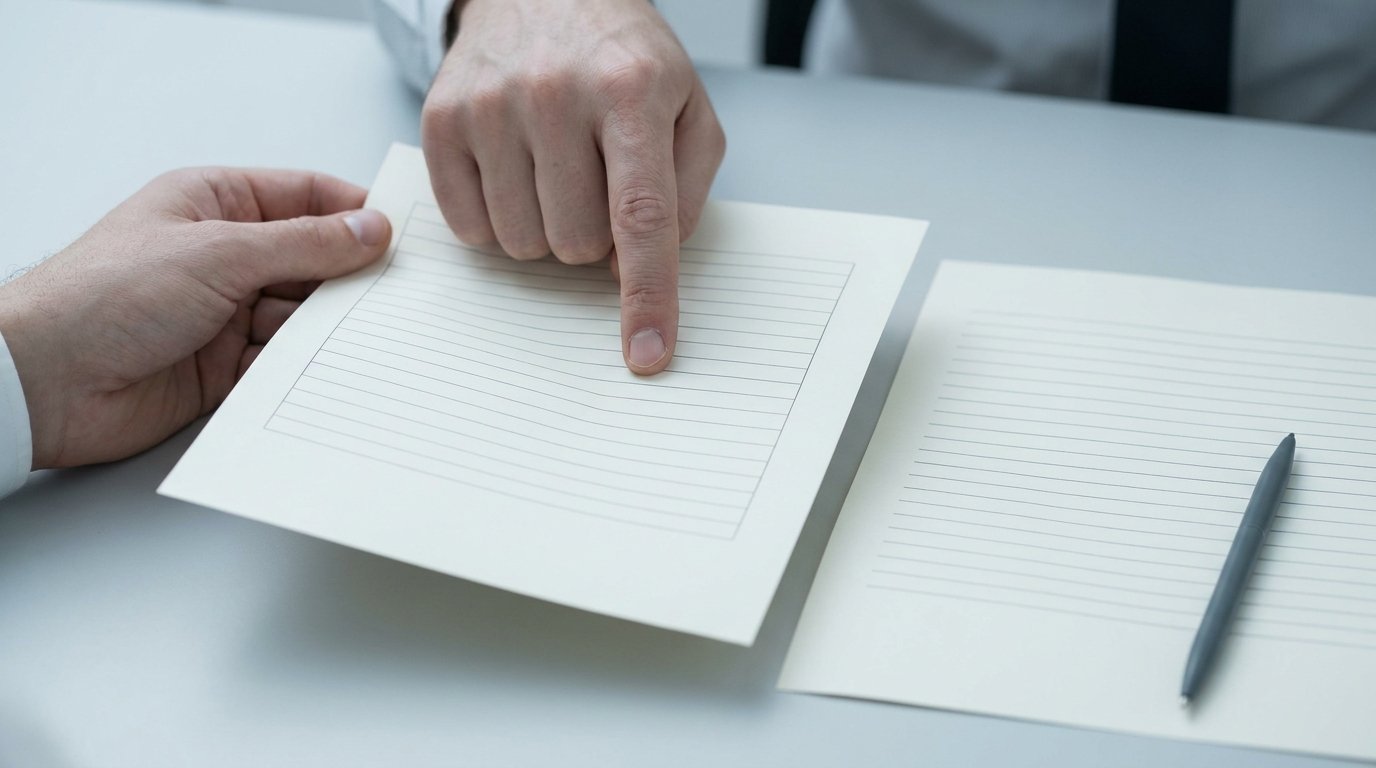 Two hands holding a plain itemised cost sheet, a finger pointing at one line, a second sheet and pen on the desk.