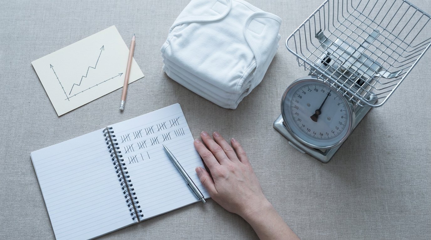 Flat-lay of a baby weight chart, folded cloth nappies, an open feeding-log notebook and a simple baby scale on neutral cloth, with one hand resting near a pen.