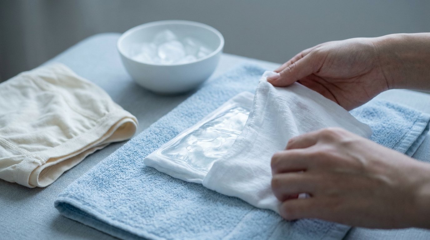 Two hands wrapping a plain gel cold pack in a thin cotton cloth on a folded towel, with a bowl of ice and loose cotton underwear nearby.
