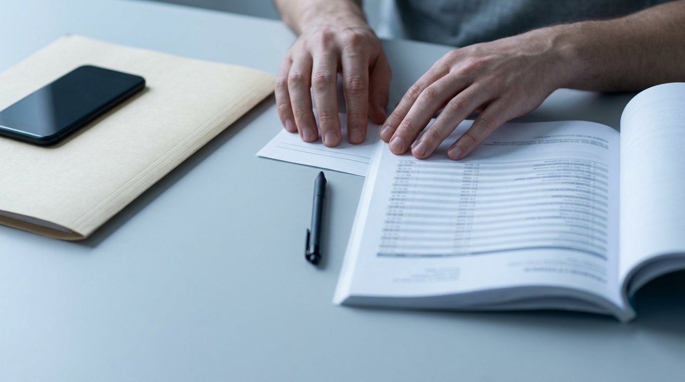 Two hands comparing a multi-page itemised treatment plan against a single-line quote slip on a plain desk, with a pen and folder beside them.