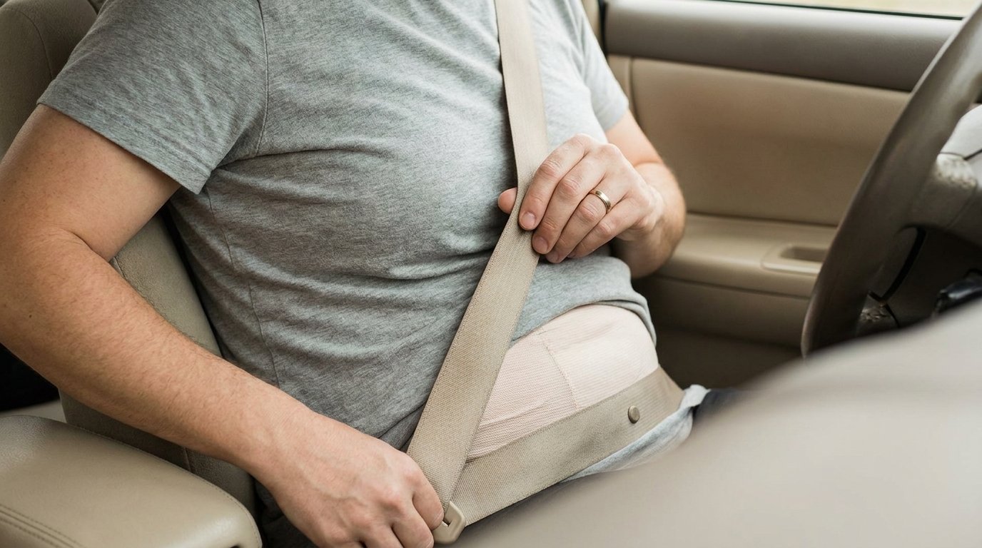 A seated person fastening a car seatbelt diagonally across the lower abdomen while wearing a compression garment.