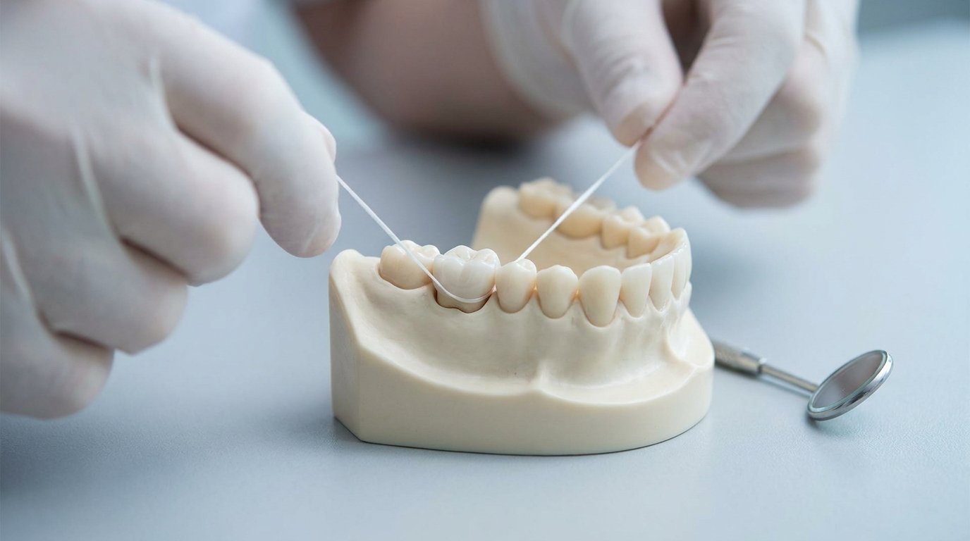 Two hands flossing along the gumline margin of a ceramic crown on a dental jaw model.
