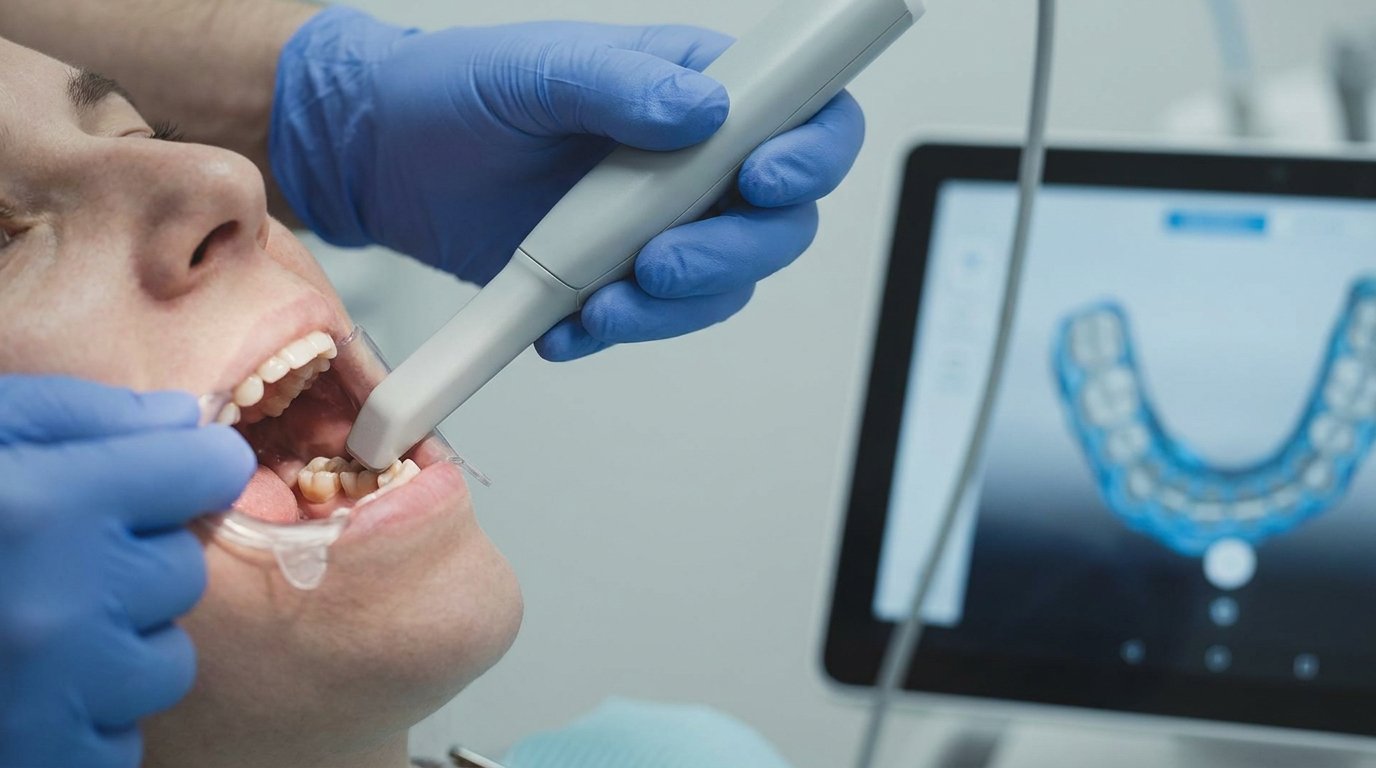 A dentist's gloved hands using an intraoral scanner inside a patient's mouth with a 3D tooth model on a screen.