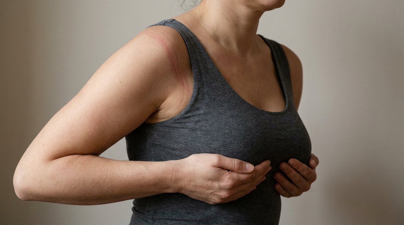 Woman using both hands to support the underside of her breasts through a plain top, with a deep bra-strap groove visible on her shoulder.