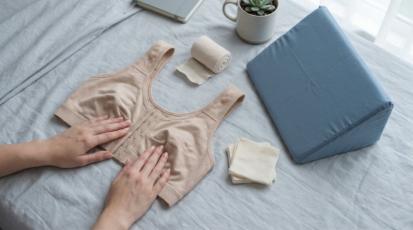 Flat-lay of an opened front-fastening compression bra, gauze, wound dressings and a wedge pillow, with hands smoothing the bra flat.