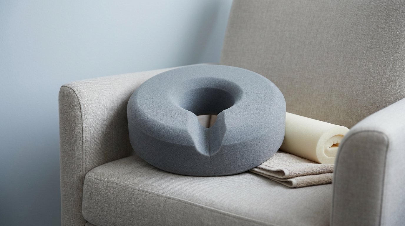 A ring-shaped doughnut cushion with a hollow center placed on a plain armchair seat, with a folded towel and rolled wedge beside it.