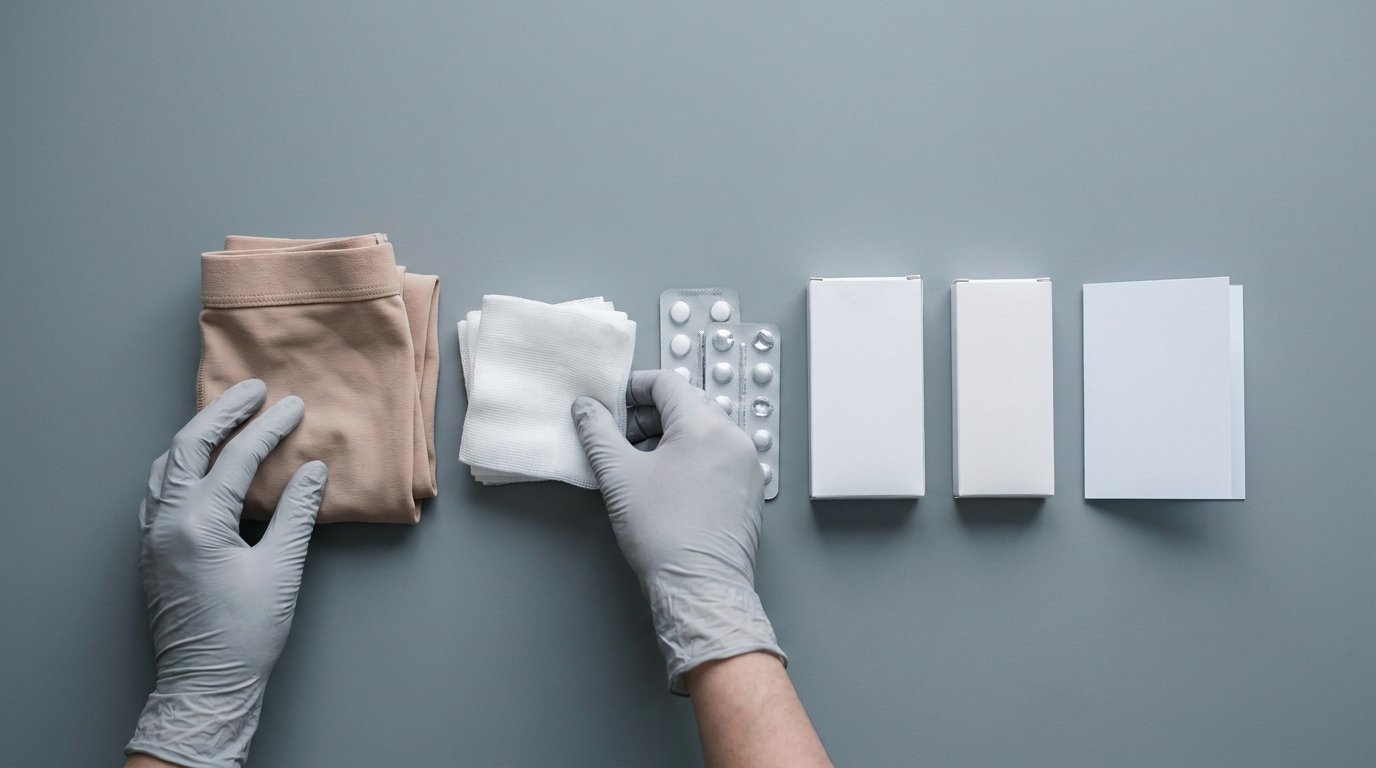 An overhead flat-lay of a compression garment, dressings, medication packs, implant boxes and a follow-up card being arranged by two hands on a plain surface.
