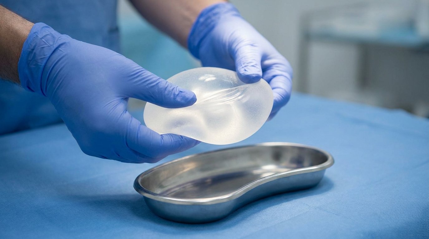 Gloved hands inspecting a clear silicone breast implant sample over a steel tray