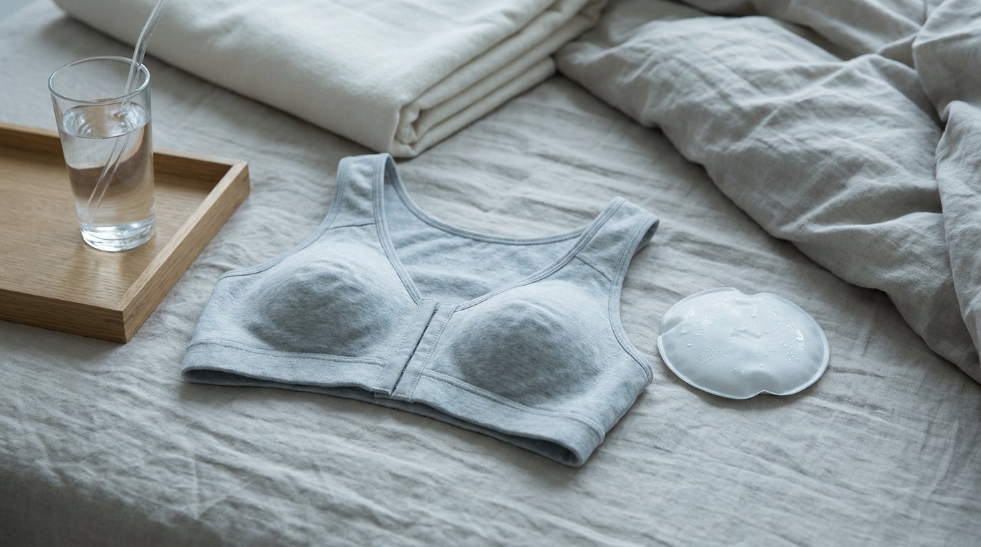 Front-closure post-surgical support bra laid out with a gel cold pack and water