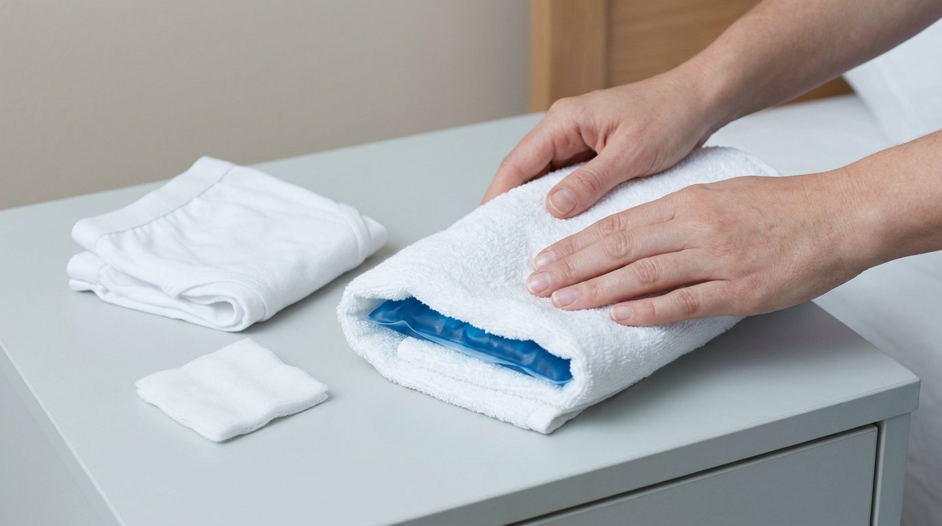 Two hands wrapping a blue gel cold pack inside a folded white cotton cloth beside loose cotton underwear and a soft pad.