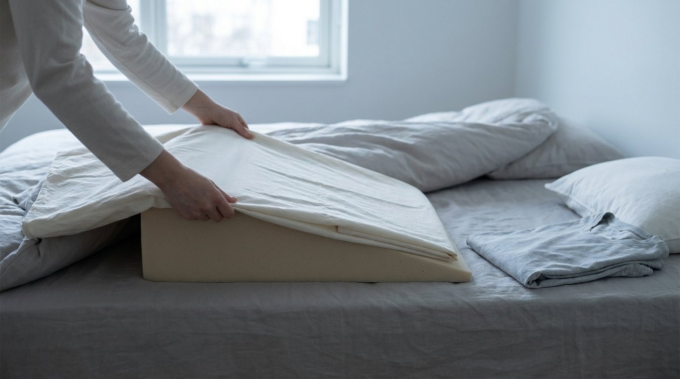 Hands smoothing a cotton sheet over a foam pillow wedge angled to elevate the pelvis on a plain bed, with folded cotton clothing nearby.