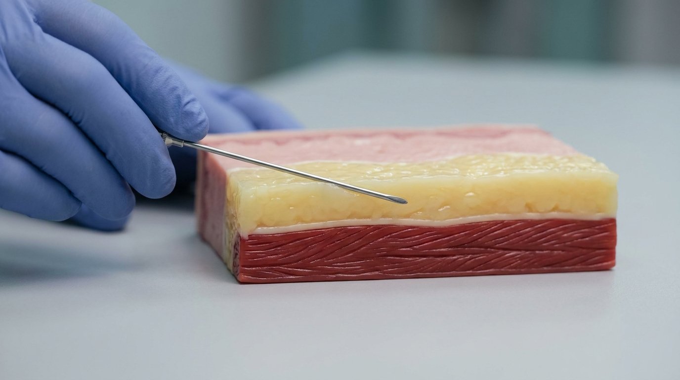 A gloved hand holding a blunt cannula angled shallowly into the yellow fat layer of a layered tissue cross-section model, above the red muscle layer.