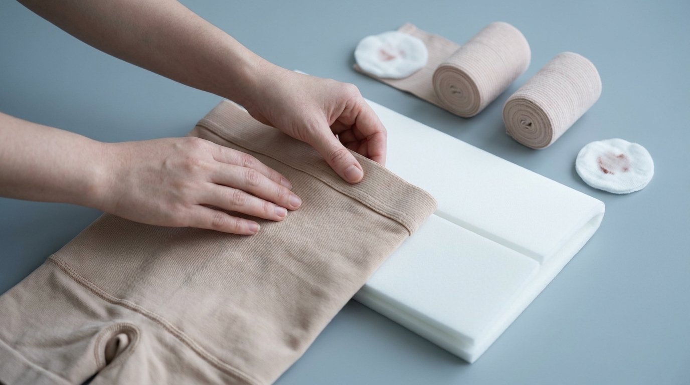 A flat-lay of a high-compression abdominal garment, a foam abdominal board, rolled bandages and small gauze pads, with hands smoothing the waist band flat.
