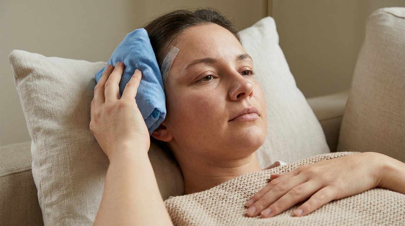 A person reclining and holding a gel cold pack against the outer temple beside the eyebrow, with pale tape along the hairline.