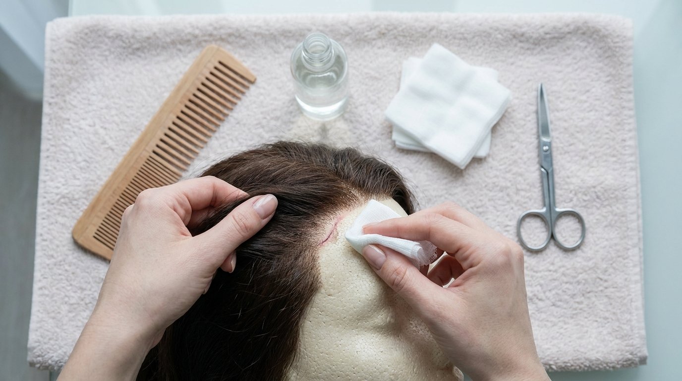 A flat-lay of a wide-tooth comb, gentle cleanser, gauze and blunt scissors on a towel, with two hands gently parting hair to dab gauze near the hairline.