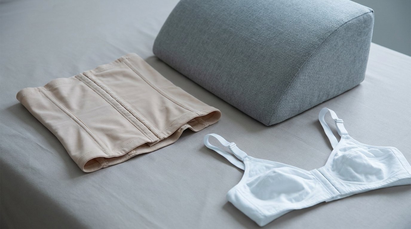 An abdominal compression garment, a back-support bolster pillow, and a loose open front-opening bra arranged on a plain surface.