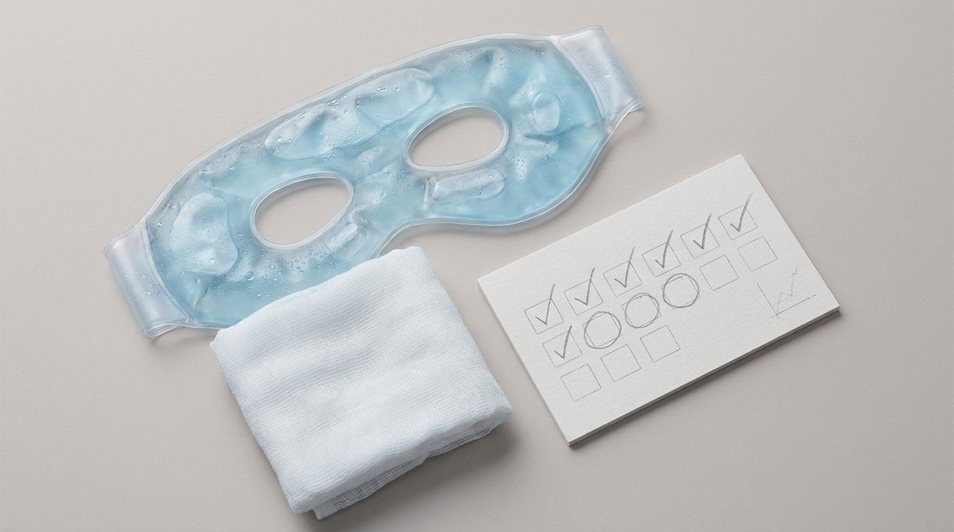 Flat-lay of a cooling forehead mask, folded gauze compress and a small marked calendar card.