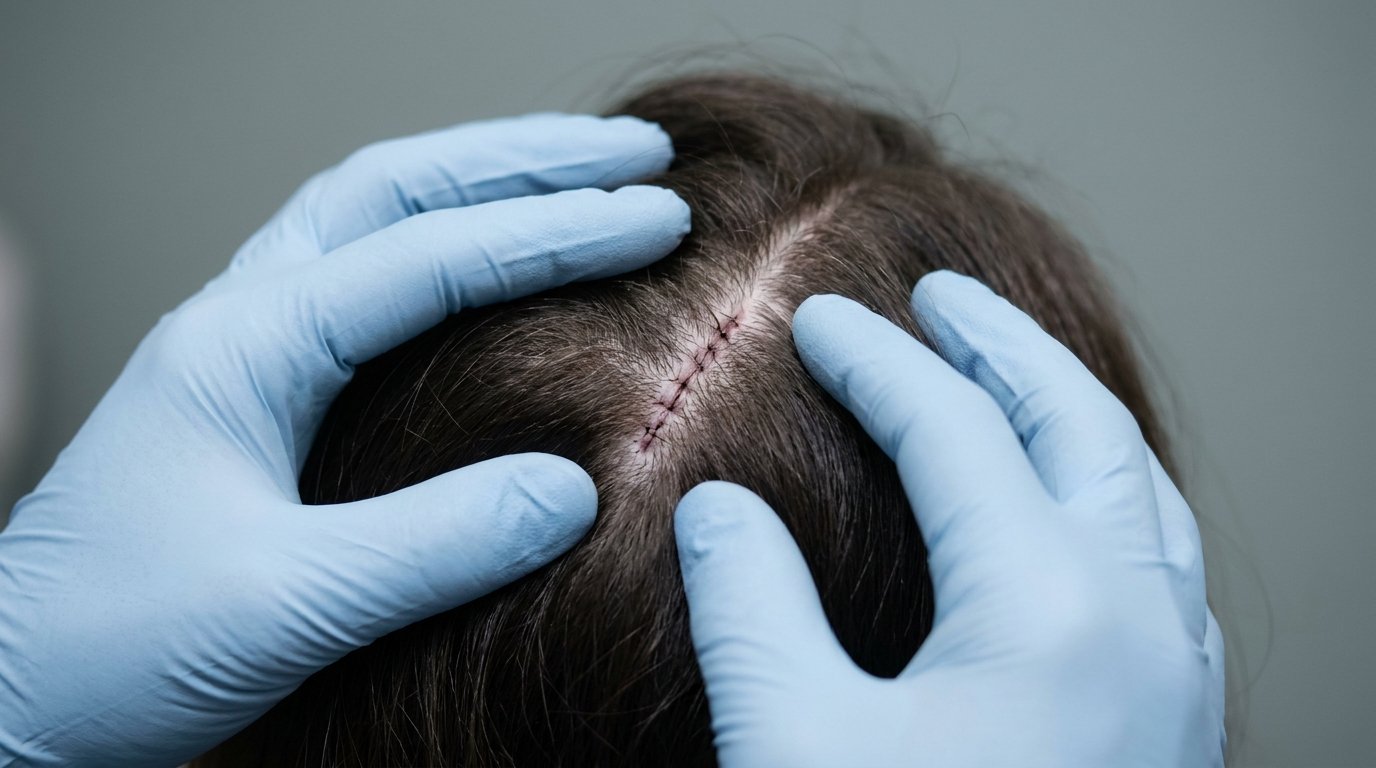Gloved hands parting hair to show a small sutured incision hidden in the scalp.