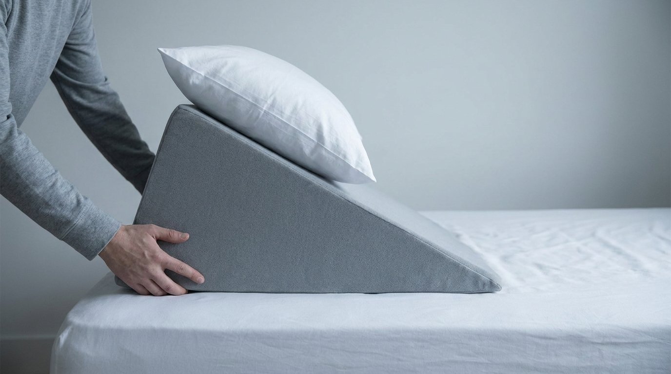 Two hands positioning a triangular foam pillow wedge with a pillow on top on a plain bed against a bare wall.