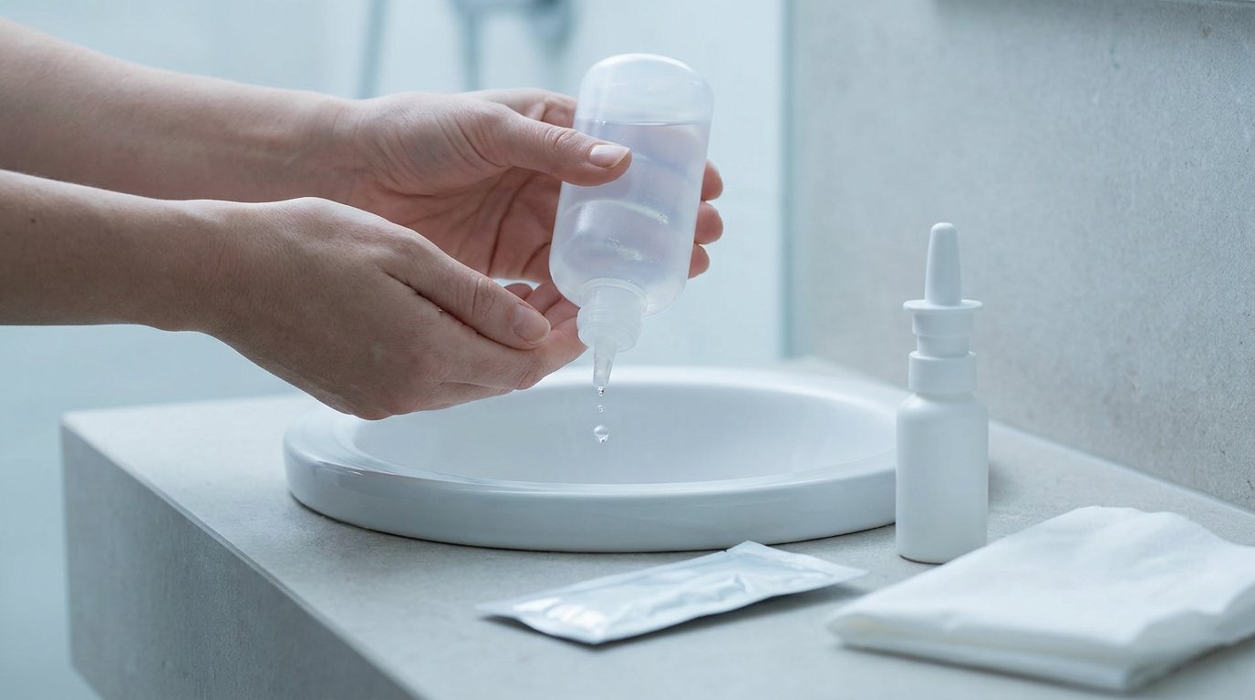 Two hands holding a clear saline rinse bottle over a basin with a saline sachet and spray bottle beside it on a plain counter.