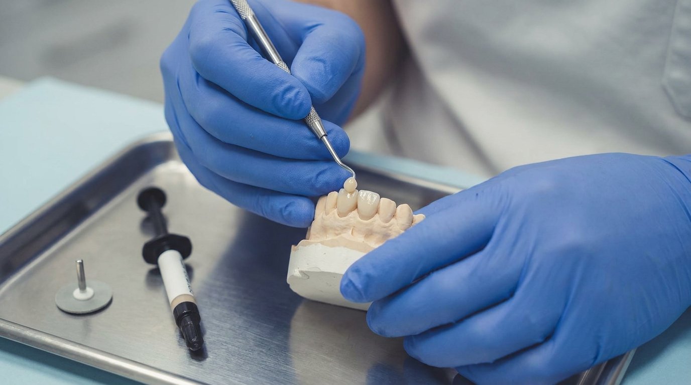 Gloved hand layering tooth-coloured composite resin onto a front tooth of a dental model with a shaping instrument.