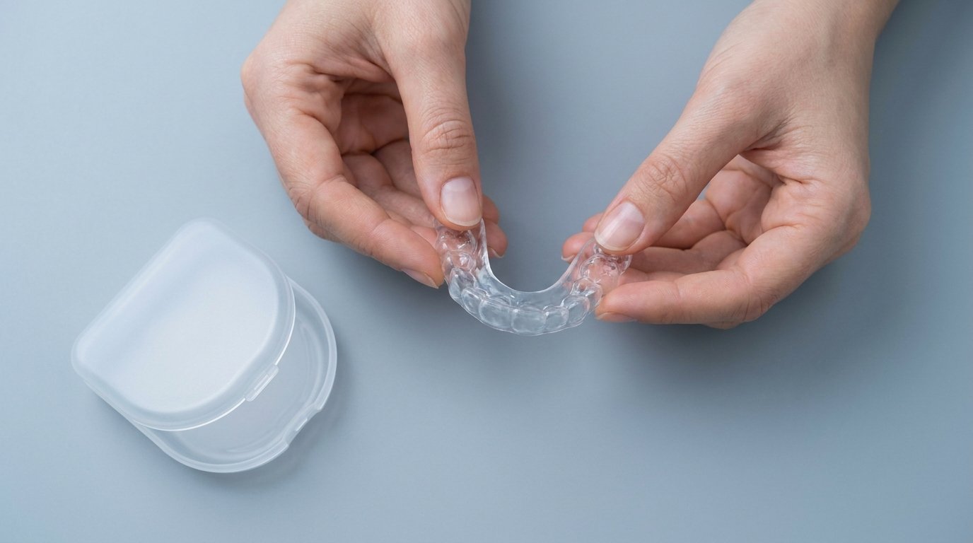 Two hands holding a clear transparent dental night guard above an open storage case on a plain surface.