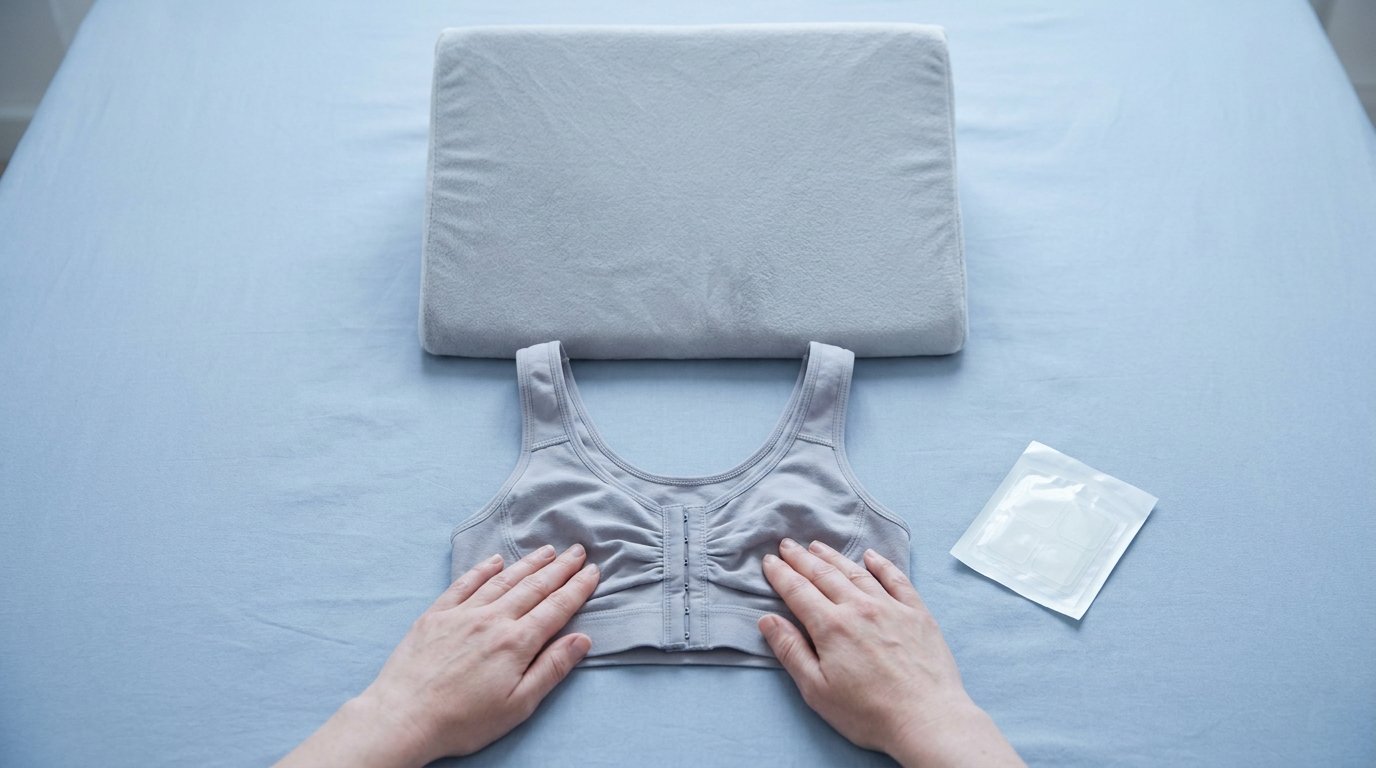 Flat-lay of a folded front-closure surgical support garment, a firm wedge pillow for back sleeping, and a pack of dressings on a plain surface, with two hands smoothing the garment.