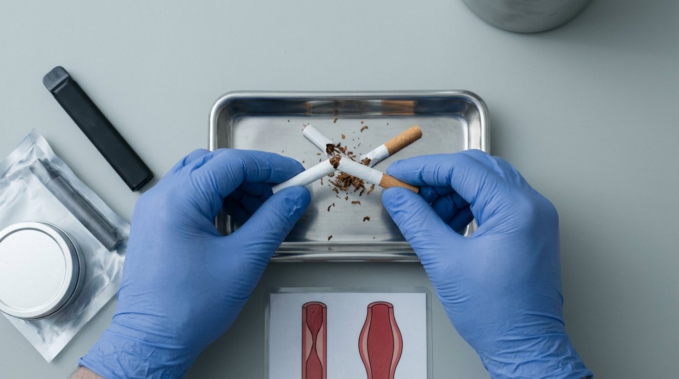 Two hands snapping a cigarette in half over a clinical tray, with a vape device and nicotine pouch tin set aside untouched.