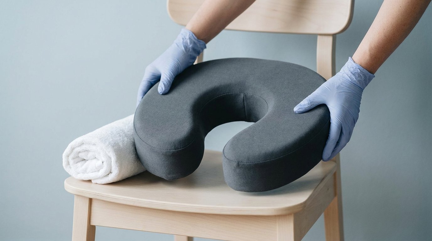 Hands placing a horseshoe-shaped recovery cushion on a plain chair, with a rolled towel wedge nearby.