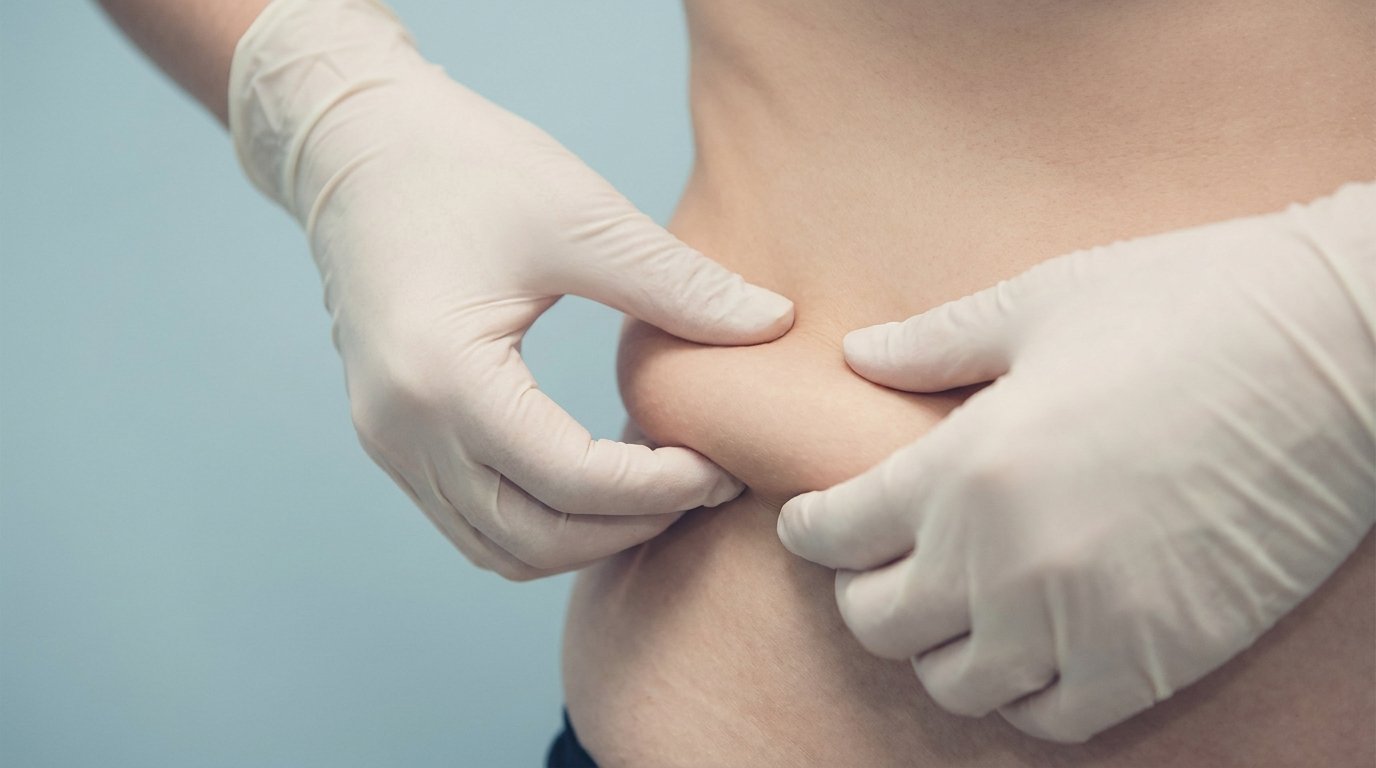 Two hands pinching a raised fold of fatty tissue at the side of an abdomen.