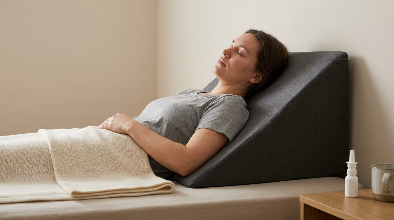 One person reclining with their head and upper body raised on a firm foam wedge pillow against a bare wall, a saline spray on the bedside.