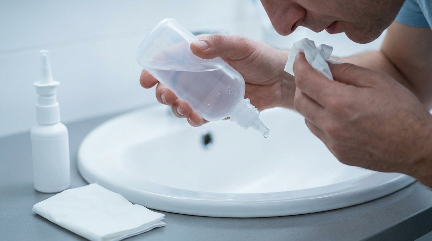 Hands holding a plain saline rinse squeeze bottle near the nose over a sink, with a saline spray and tissue resting on the counter.