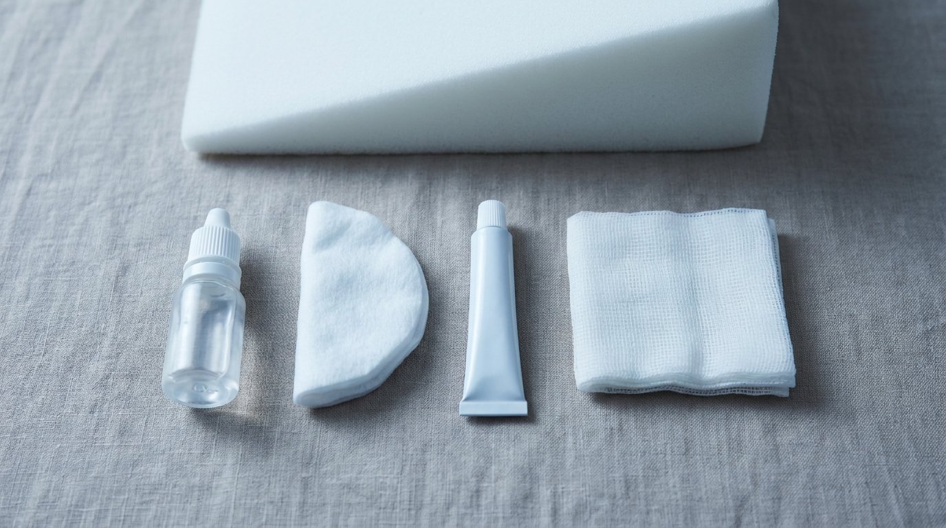 A flat-lay of lubricating eye drops, cotton pad, ointment tube, gauze and a wedge pillow.